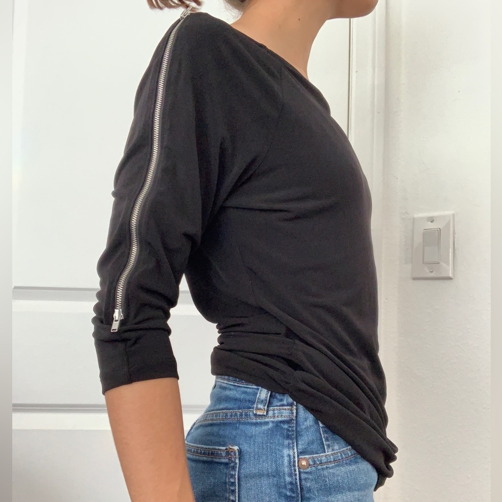 INC International Concept Black Quarter Sleeve Top w/ Zipper and Ruching